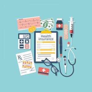 Many pieces of health equipment around a clipboard with a paper reading "Health Insurance".