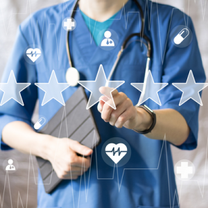Doctor selecting a rating out of five stars.