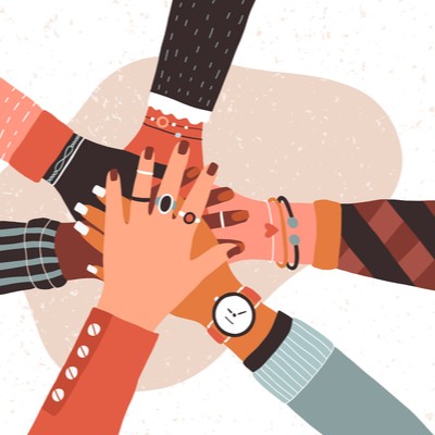 Cartoon drawing of several hands stacked over each other, symbolizing the public-private partnership behind Patient-Centered Medical Homes