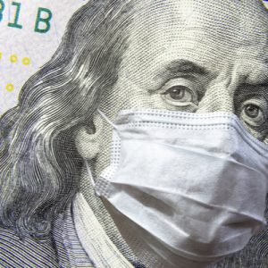 A close-up of Benjamin Franklin on the 100 dollar bill, wearing a mask. It indicates a discussion on funding to stop the spread of COVID-19.