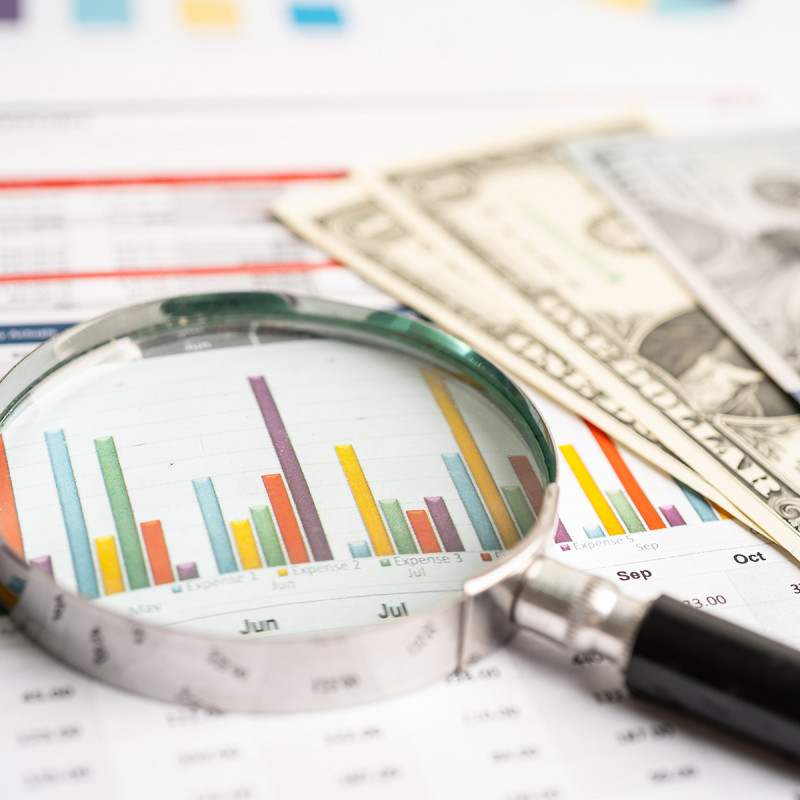Dollars and data charts under a magnifying glass